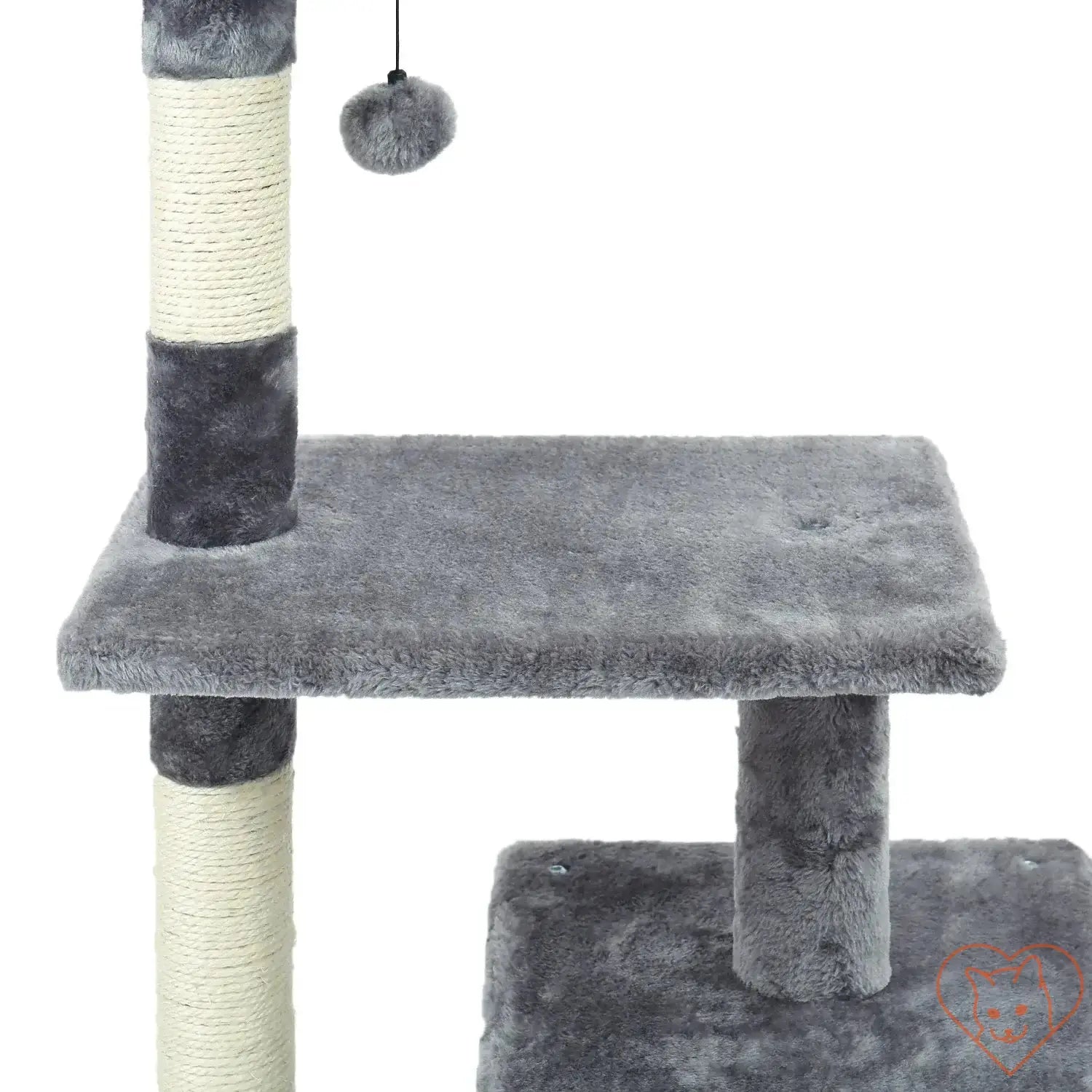 Close-up of a grey multi-level cat tree with sisal posts and a hanging toy ball.