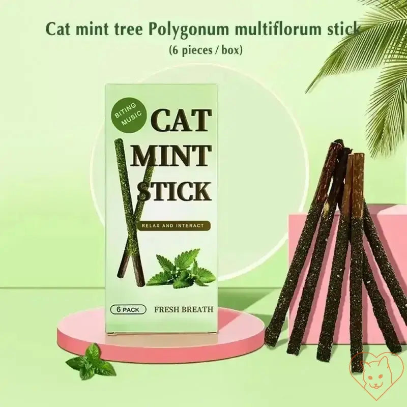 6pcs Cat Mint Stick box with fresh breath chew sticks for cats, featuring Polygonum multiflorum.