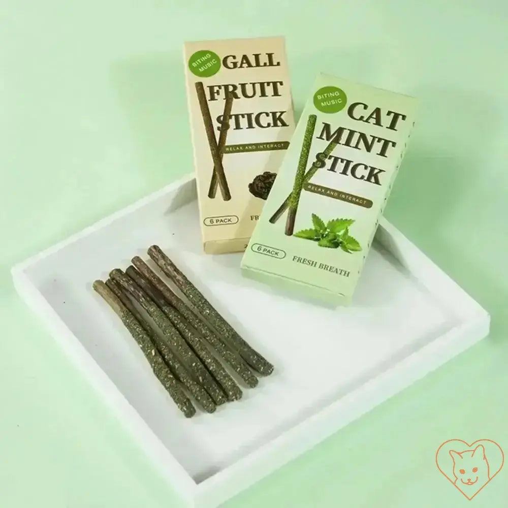 6pcs Natural Silvervine Cat Sticks for teeth cleaning and anxiety relief, displayed with packaging on a white tray.