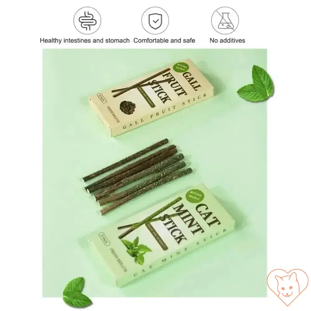 6 pieces of natural cat mint sticks for teeth cleaning and anxiety relief for playful cats.