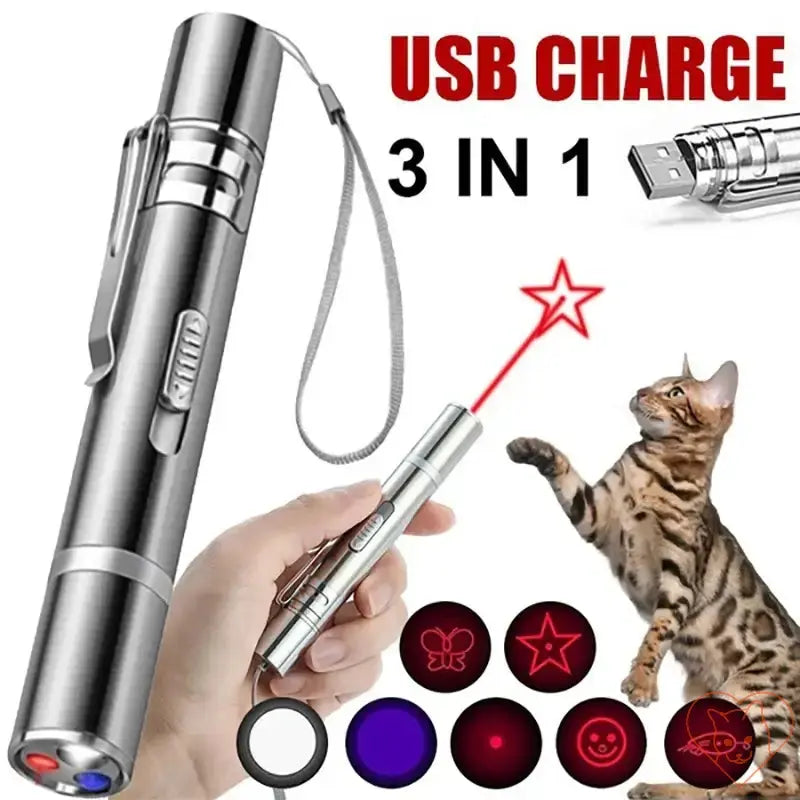 7-in-1 Cat Laser Pointer, USB rechargeable with adjustable laser patterns for cat play and exercise.