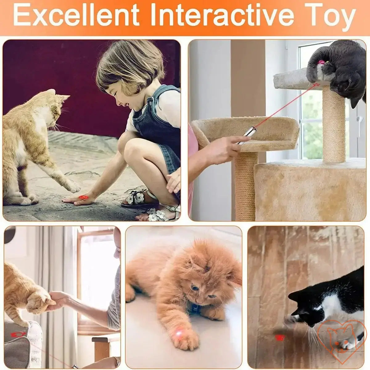 Collage of cats and kids playing with a 7-in-1 cat laser pointer toy, showcasing interactive fun and exercise.