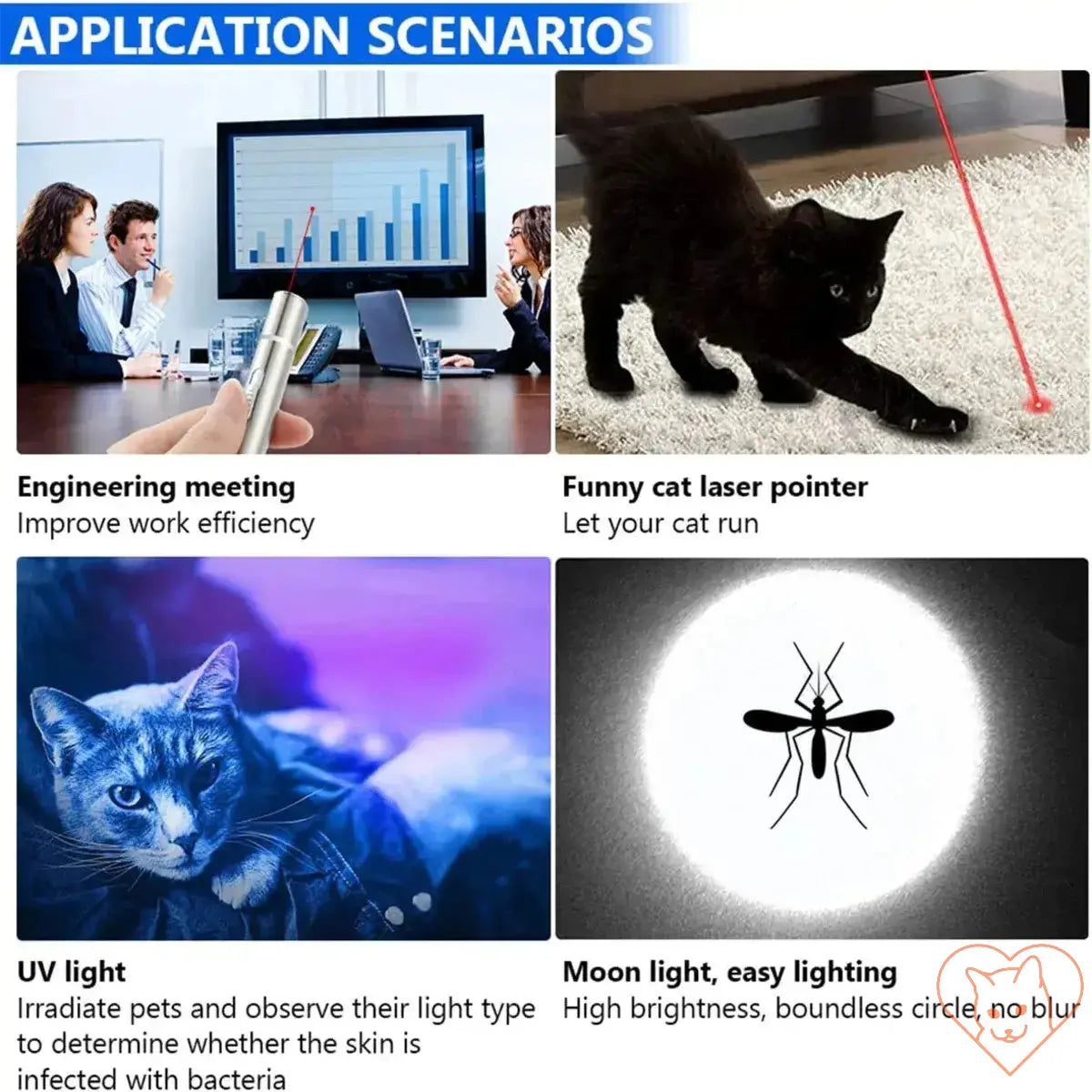 Application scenarios for the 7-in-1 Cat Laser Pointer: engineering meeting, playful cat, UV light, and moonlight.