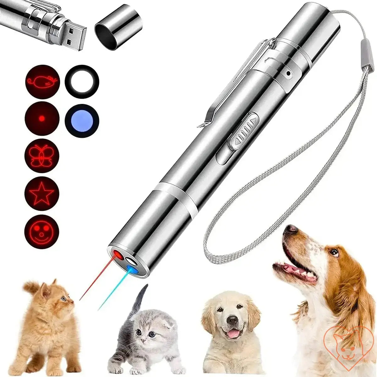 7-in-1 Cat Laser Pointer with adjustable patterns and USB recharge, displayed with cats and dogs.