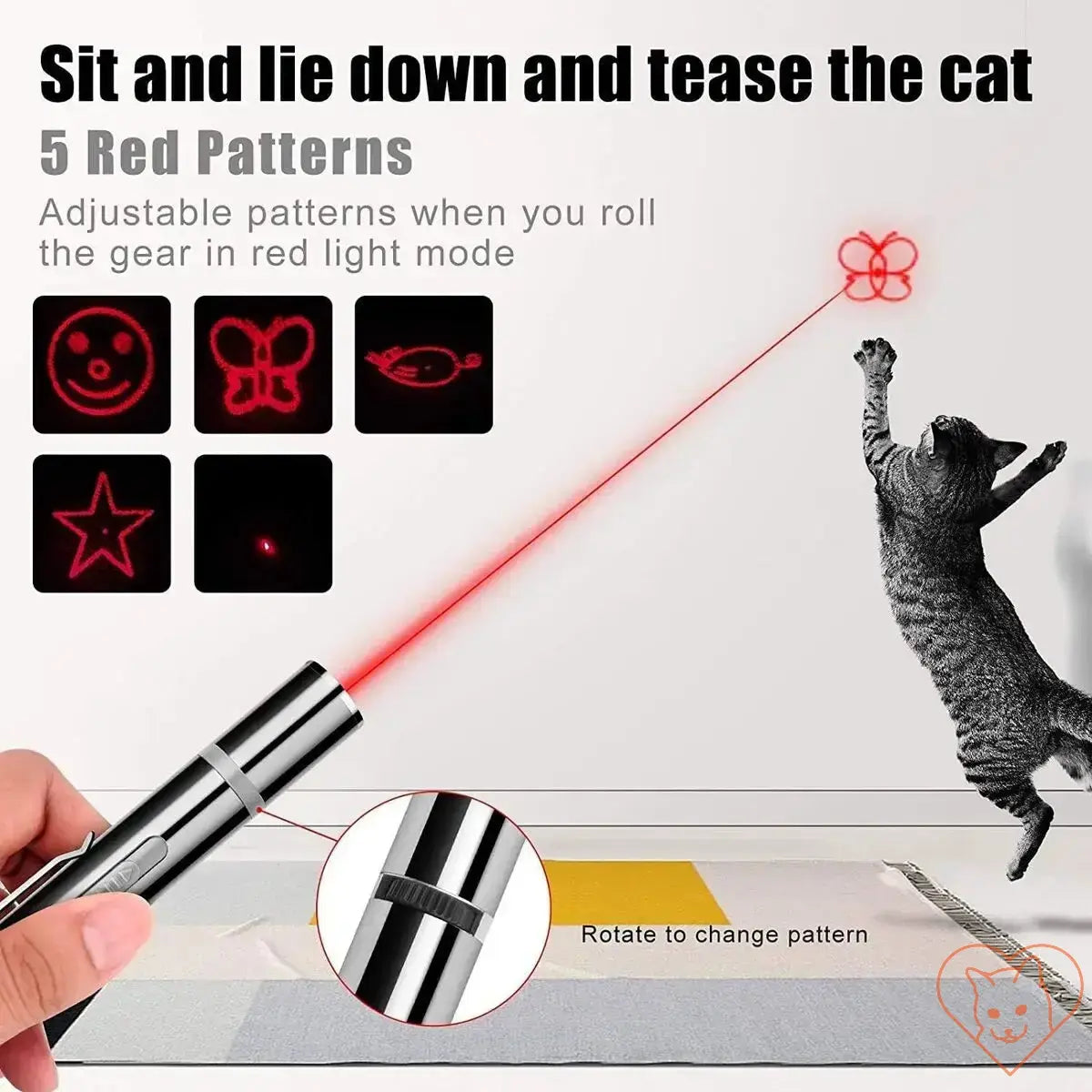 7-in-1 Cat Laser Pointer with 5 adjustable red patterns, engaging cats in interactive play.