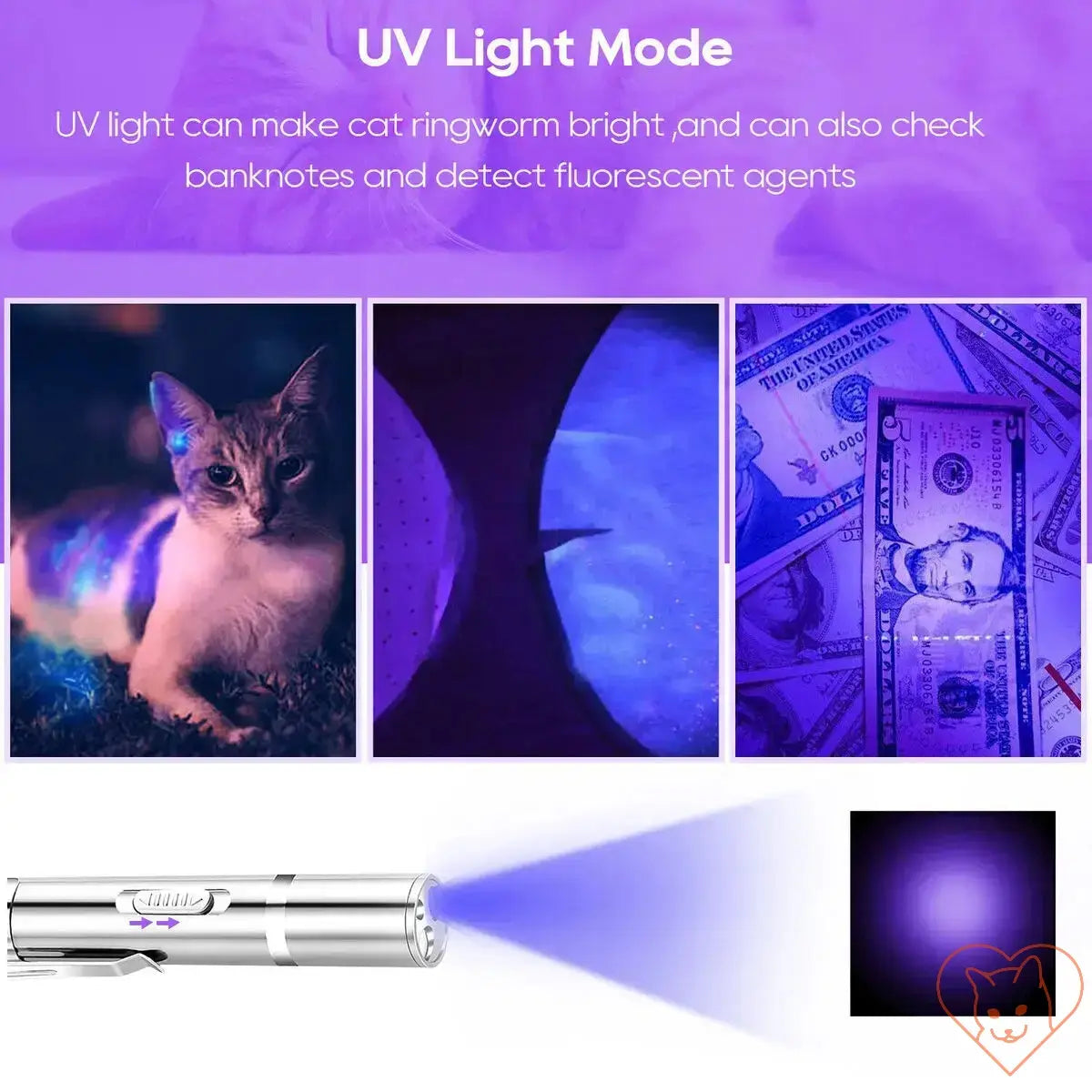 7-in-1 Cat Laser Pointer showing UV light mode with cat, banknotes, and detection features.