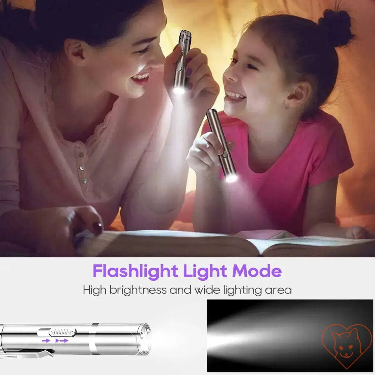 A mother and daughter using flashlights together, showcasing high brightness and wide lighting area.