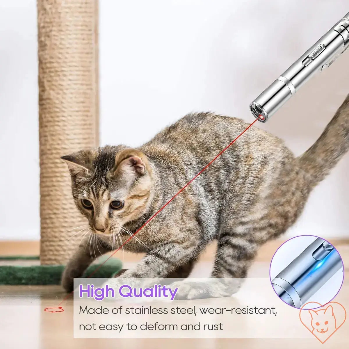 Cat playing with a 7-in-1 laser pointer, showcasing adjustable patterns and high-quality stainless steel design.