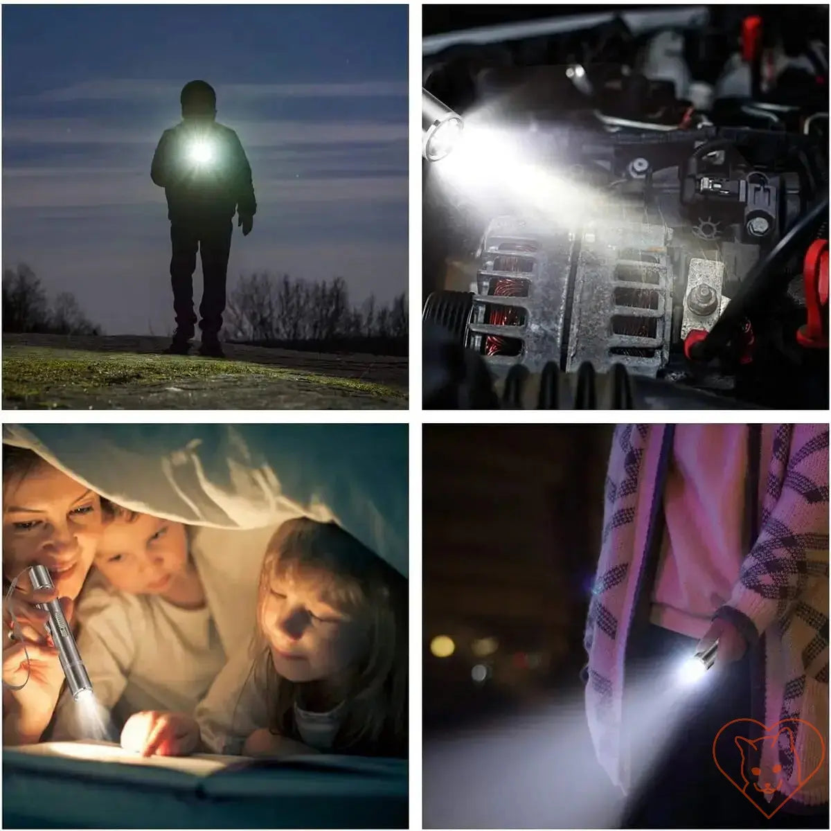 Collage of flashlight use: outdoor night exploration, car maintenance, family reading, and cozy night lighting.