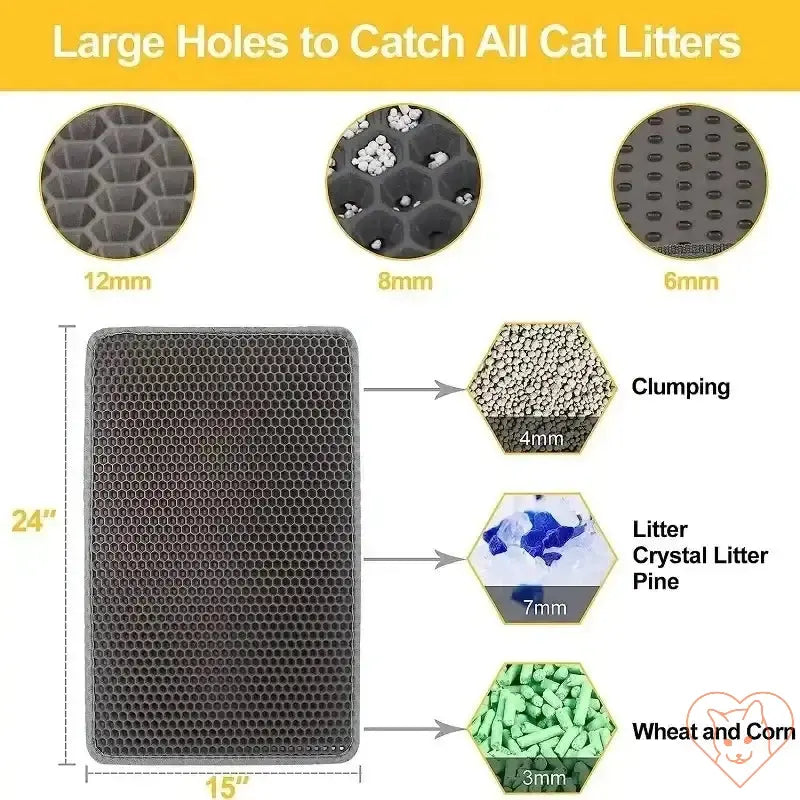 Grid design showcasing large holes in a 24x15 inch cat litter mat for effective litter capture and mess prevention.