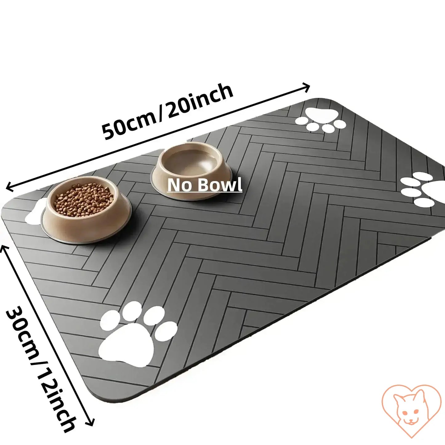 Absorbent pet feeding mat with non-slip design and paw prints, dimensions 50cm x 30cm, ideal for keeping feeding area clean.