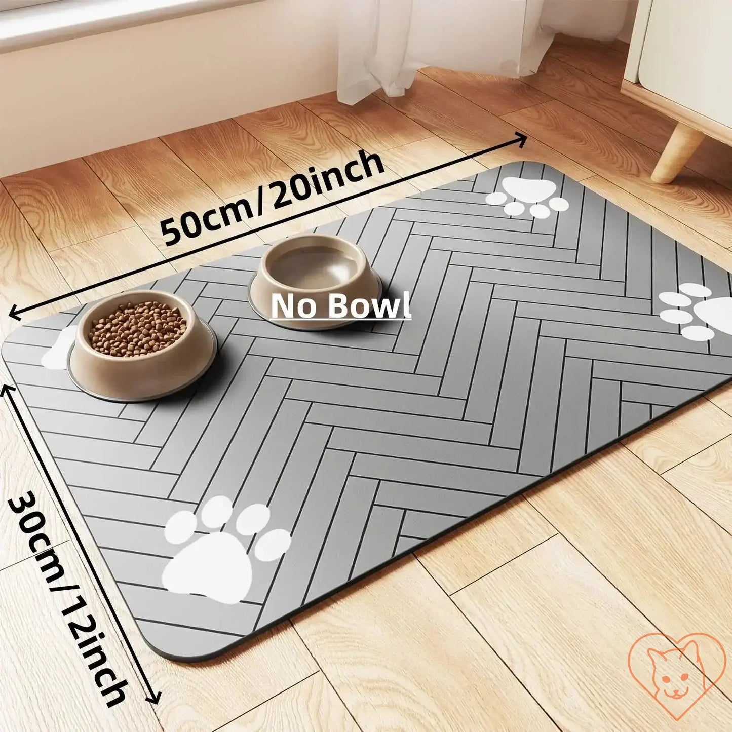 Absorbent pet feeding mat with waterproof non-slip backing, dimensions 50cm x 30cm, featuring paw prints and bowls.