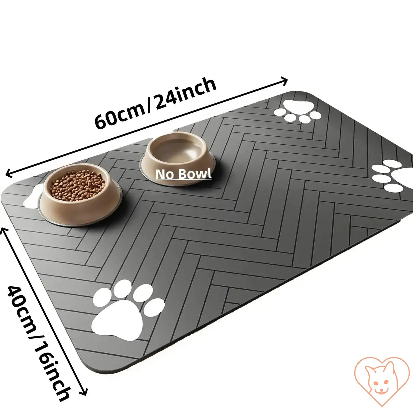 Absorbent waterproof pet feeding mat with paw prints, 60x40 cm size, non-slip and easy to clean.