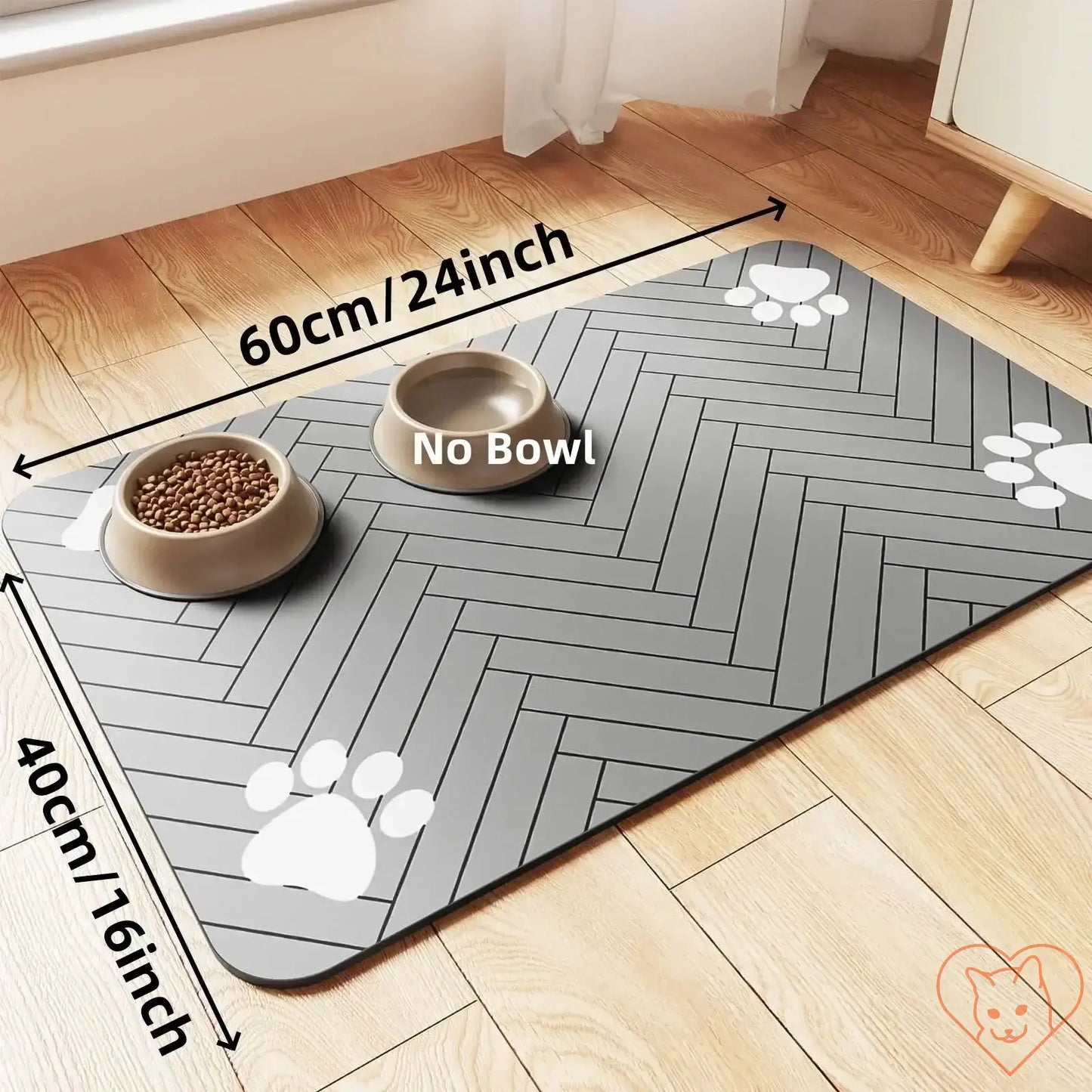 Absorbent pet feeding mat in grey, waterproof, non-slip with paw prints, 24x16 inches, ideal for clean feeding area.