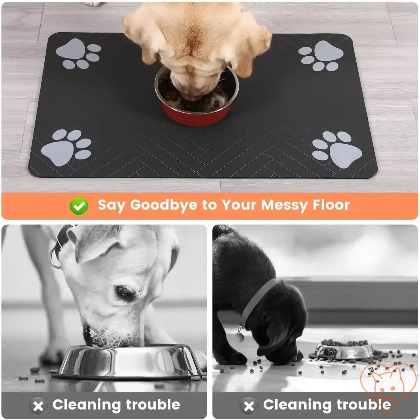 Pet feeding mat with non-slip backing, absorbing spills while pets eat. Keeps floors clean and dry.