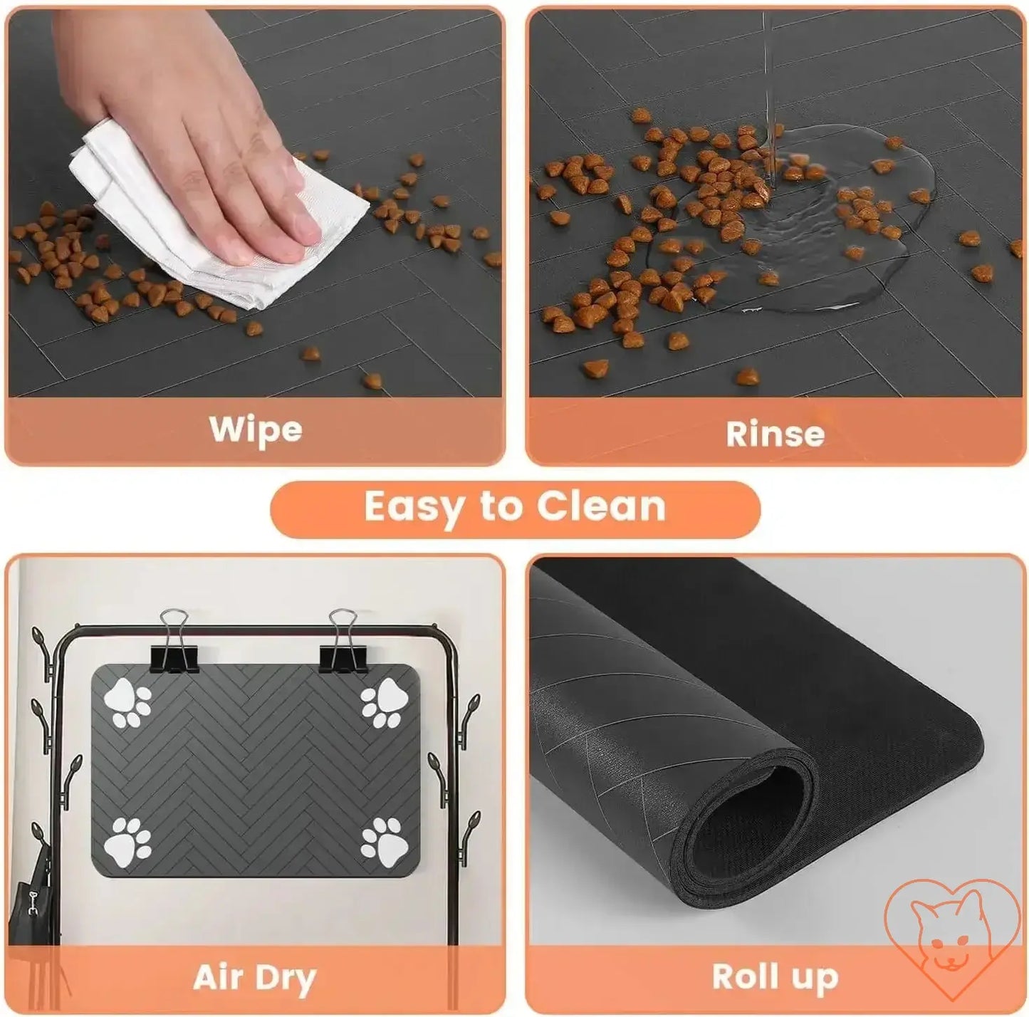 Steps to clean the absorbent pet feeding mat: wipe, rinse, air dry, and roll up for easy maintenance.