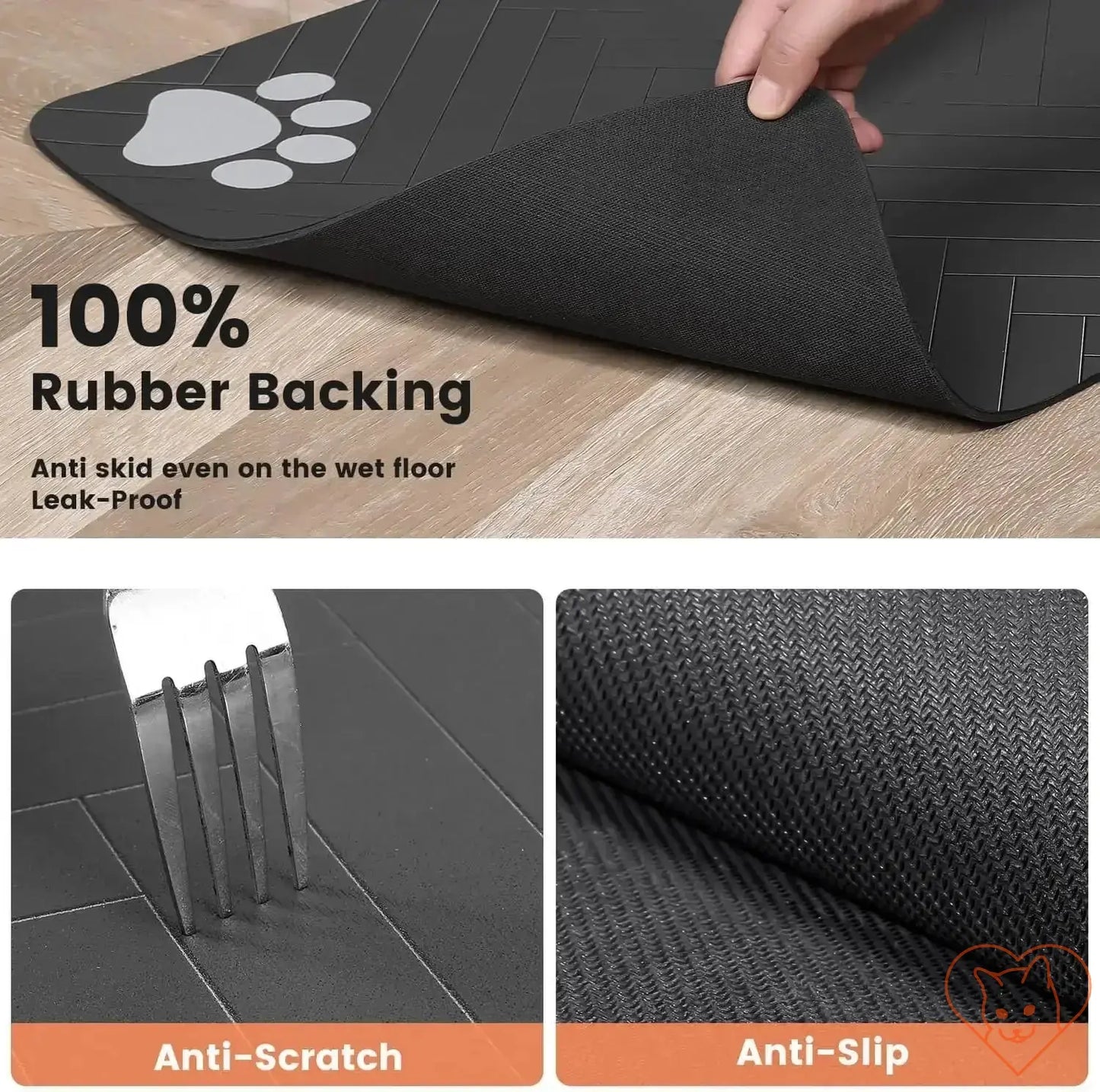 Absorbent pet feeding mat showing anti-slip rubber backing, designed to prevent spills and messes for pets.