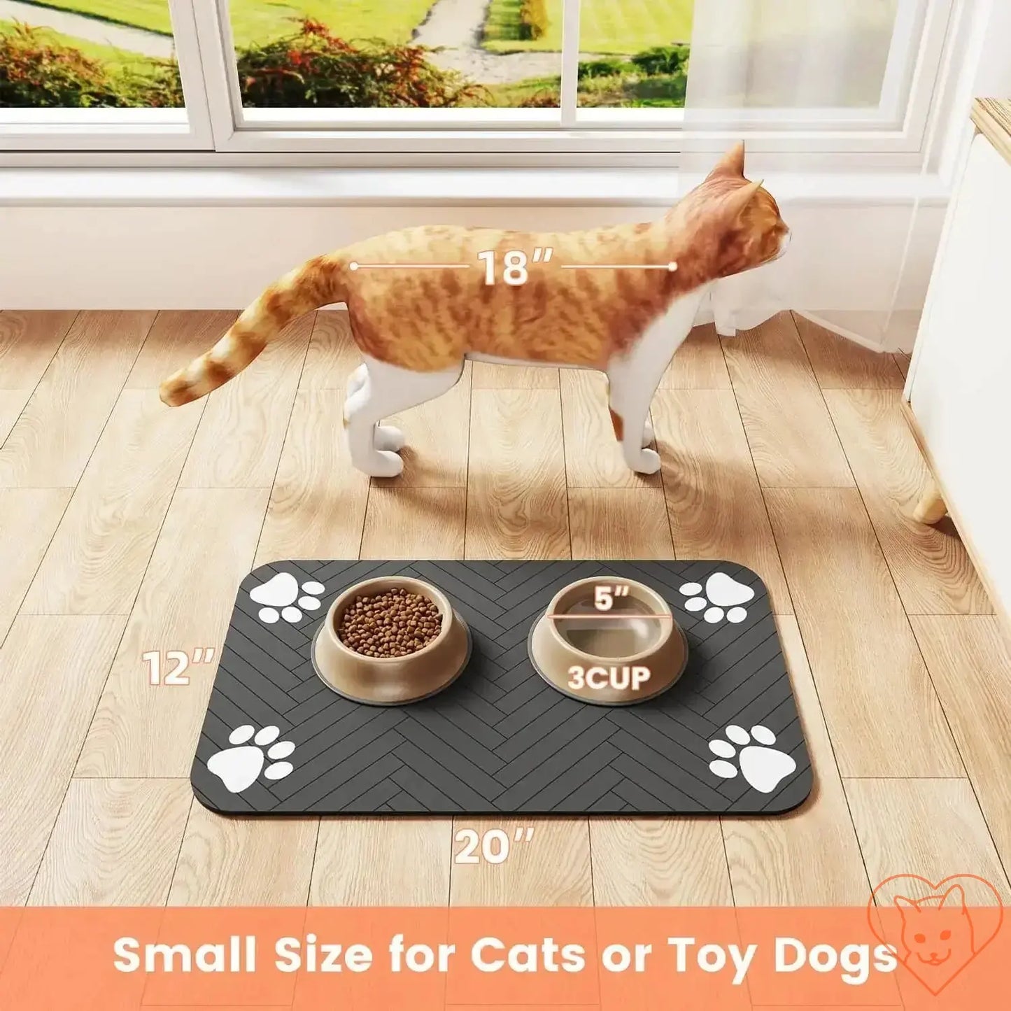 Small absorbent pet feeding mat with paw prints, perfect for cats and toy dogs, featuring bowls and size dimensions.