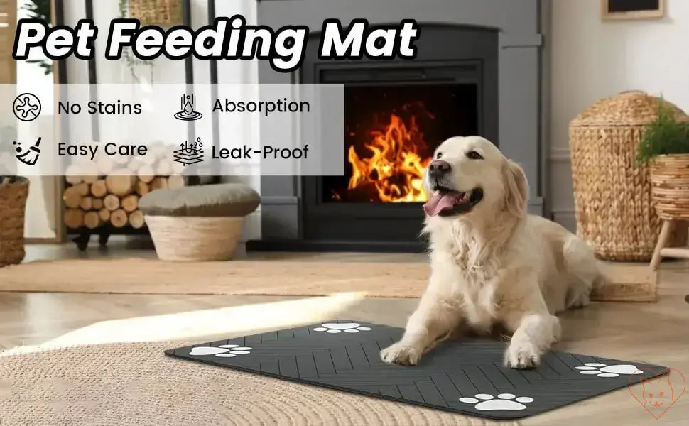 Dog enjoying the Absorbent Pet Feeding Mat, showcasing its waterproof and non-slip design for easy care and mess absorption.