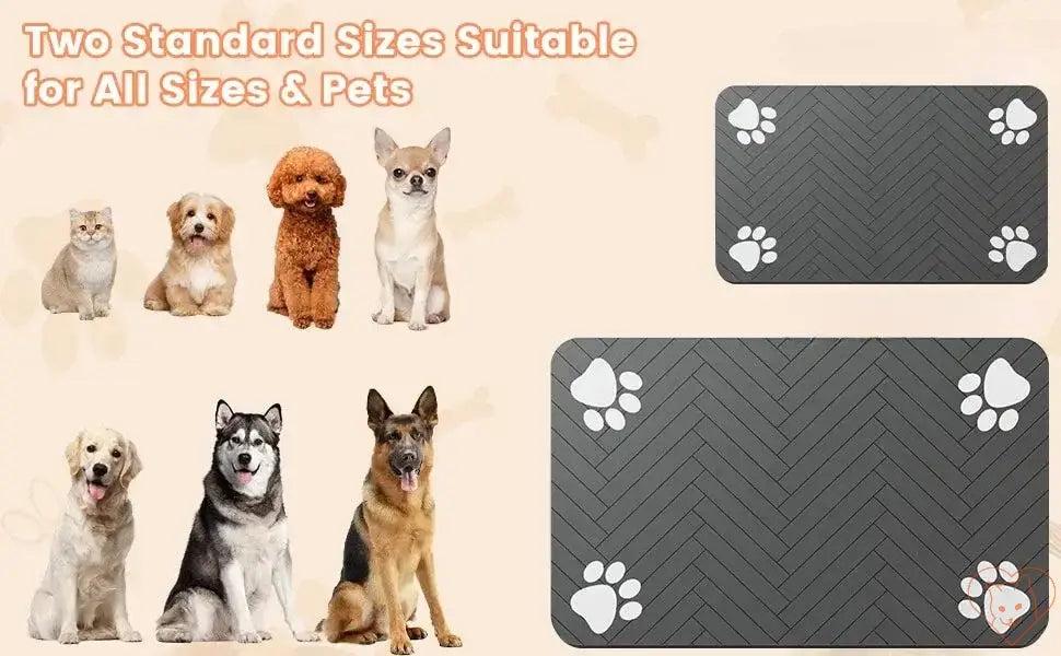 Absorbent waterproof pet feeding mats displayed with various dogs and cats, suitable for pets of all sizes.