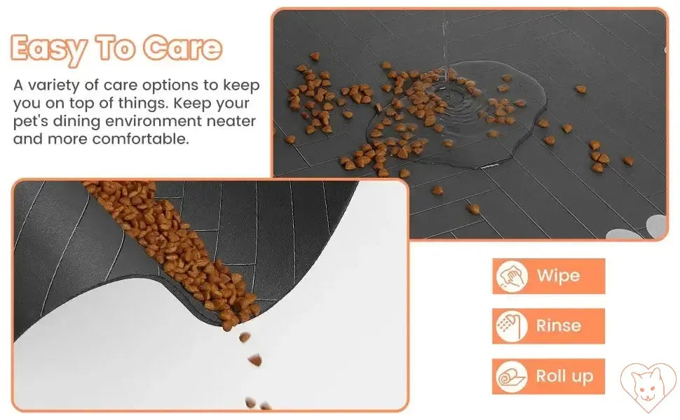 Image showing an absorbent pet feeding mat with pet food crumbs, highlighting easy care options: wipe, rinse, roll up.