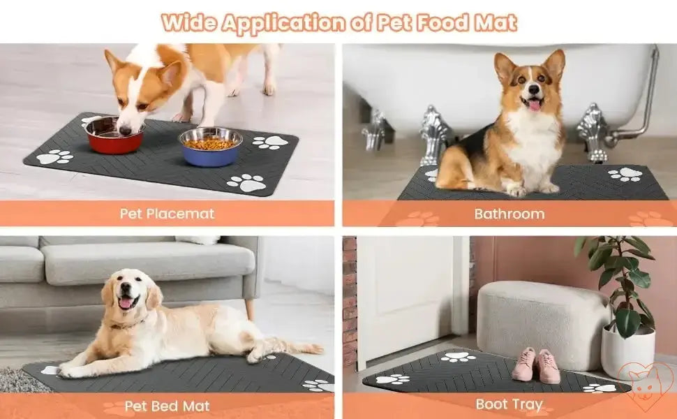 Image showcasing the versatility of the Absorbent Pet Feeding Mat in various settings: feeding area, bathroom, pet bed, and entryway.