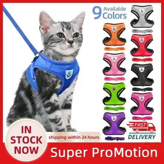 Adjustable cat harness and leash set in blue, featuring breathable mesh fabric and available in 9 colors for outdoor adventures.