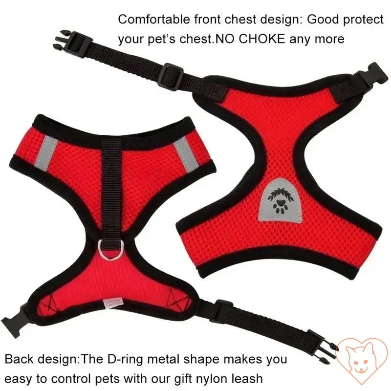 Adjustable red cat harness with breathability features, D-ring for leash attachment, designed for comfort and safety.