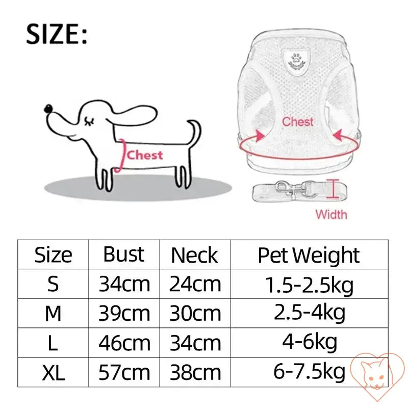 Size chart for adjustable cat harness and leash set, showing measurements for different pet sizes and weights.