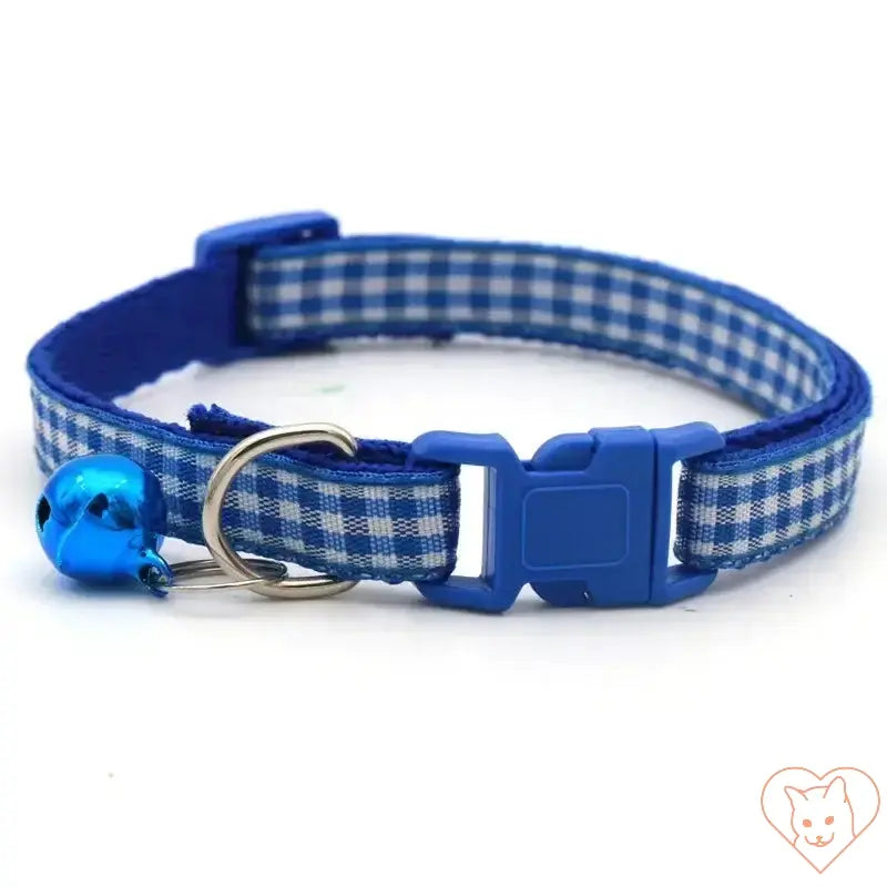 Adjustable blue lattice cat collar with bell, featuring a stylish plaid design and secure buckle for small cats.