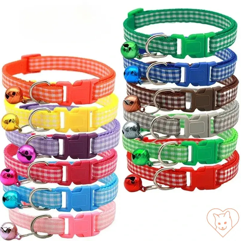 Colorful adjustable lattice cat collars with bells, featuring various plaid patterns and secure buckles.