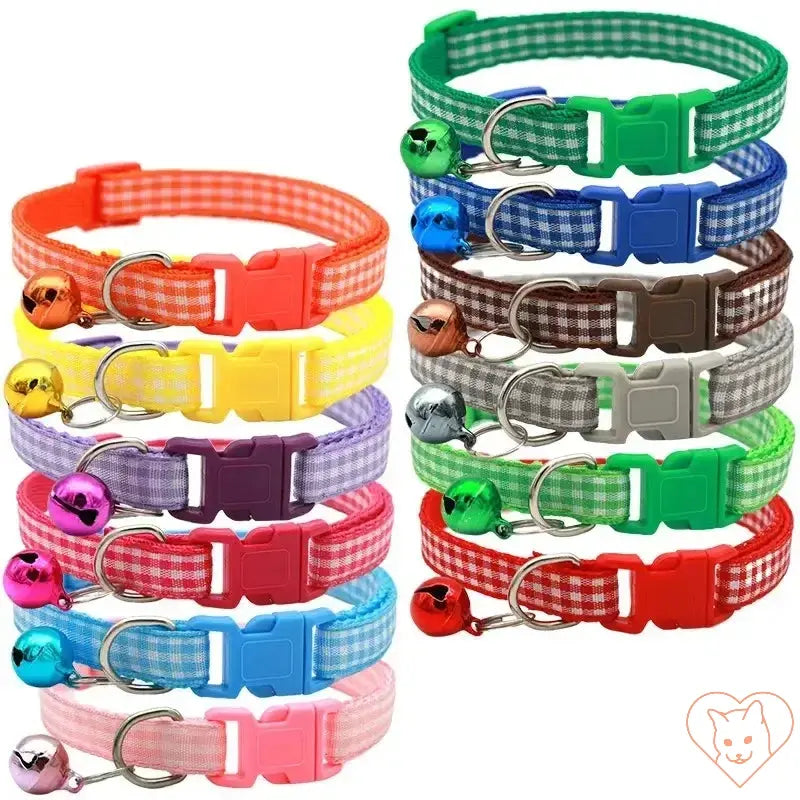 Colorful adjustable lattice cat collars with bells in various hues, featuring plaid patterns and secure buckles.