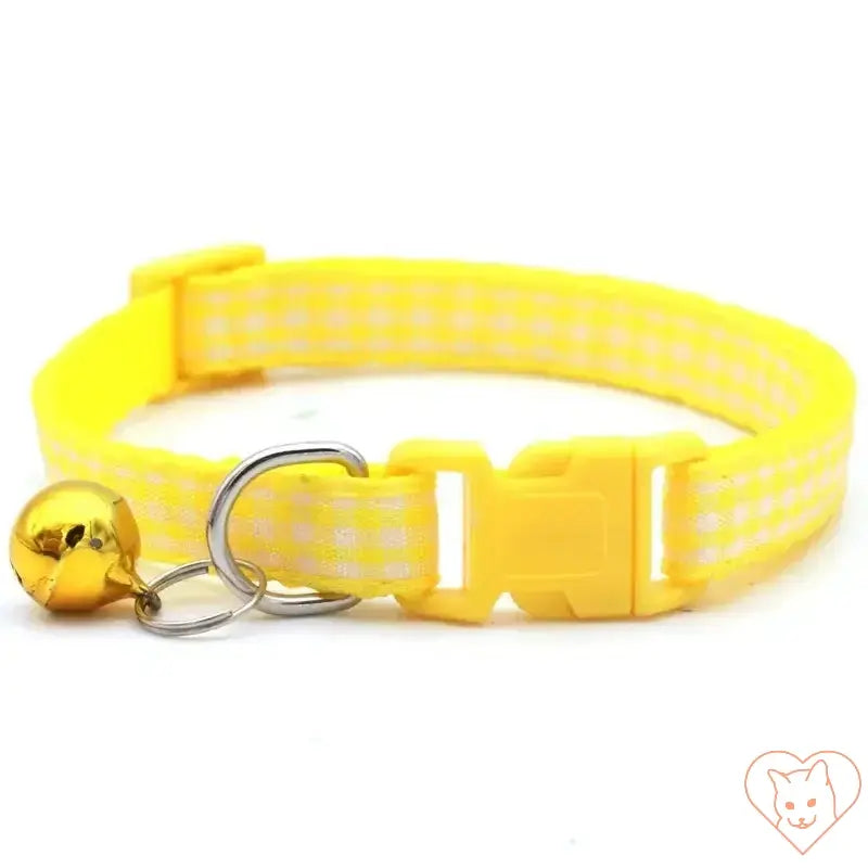 Adjustable yellow lattice cat collar with bell, featuring a secure buckle and stylish plaid pattern.