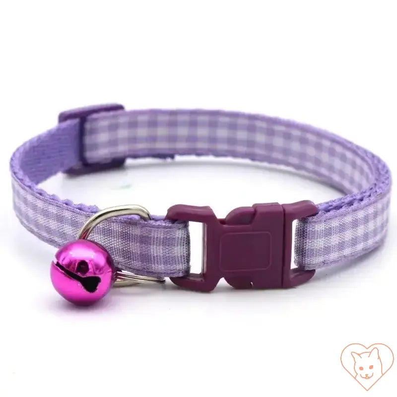 Purple adjustable lattice cat collar with a pink bell, designed for small cats and kittens.