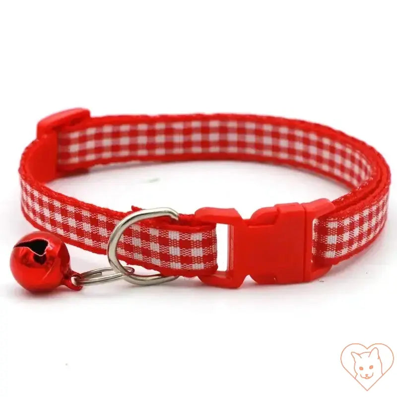 Red adjustable lattice cat collar with bell, featuring a stylish plaid pattern for small cats and kittens.