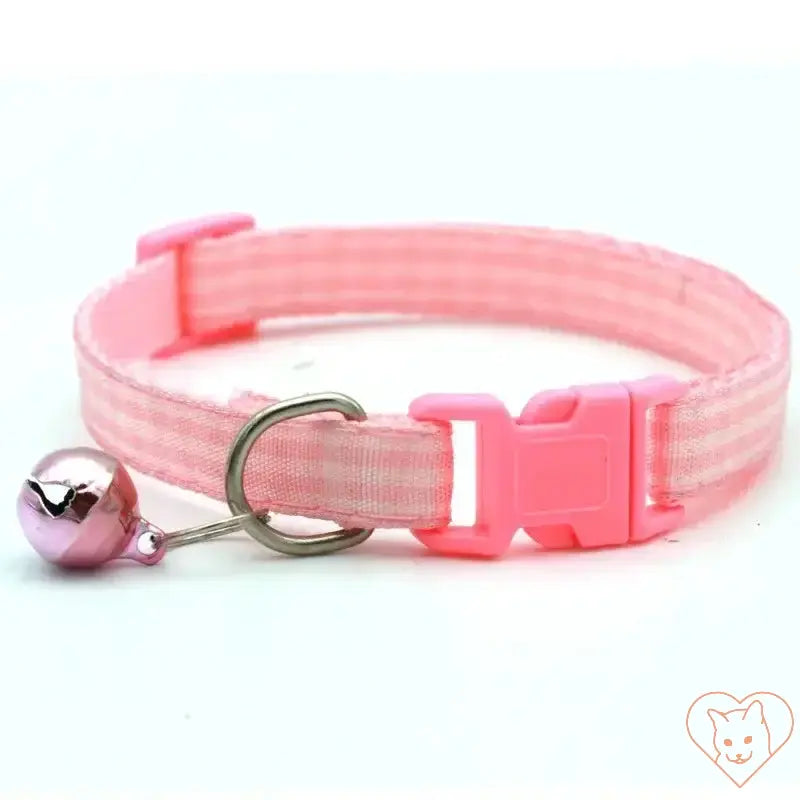 Adjustable plaid cat collar with pink bell for small cats and kittens, featuring a secure buckle.