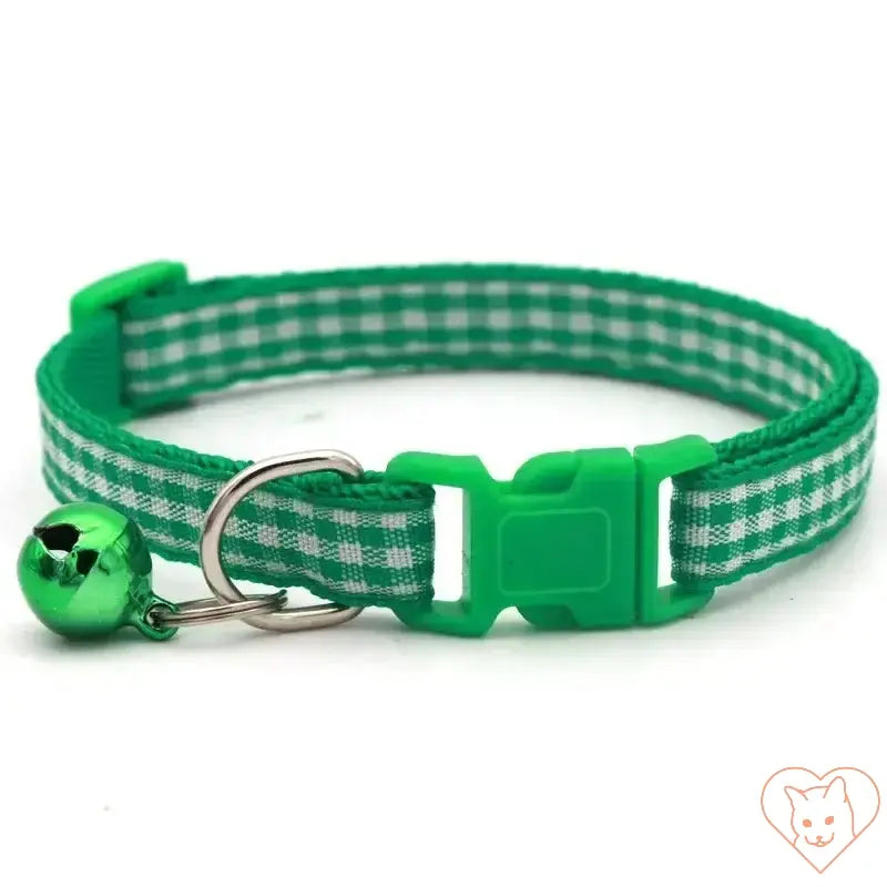 Green adjustable lattice cat collar with bell, stylish plaid pattern, perfect for small cats and kittens.