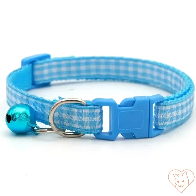 Adjustable lattice cat collar in blue with bell, stylish plaid design, perfect for small cats and kittens.