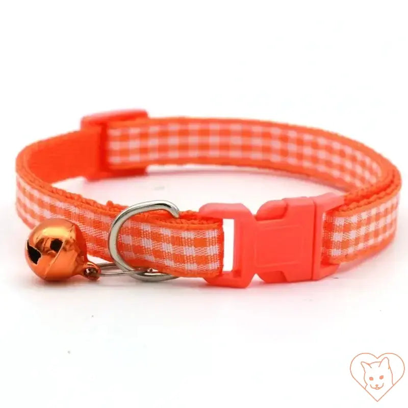 Adjustable orange lattice cat collar with bell, perfect for small cats and kittens.