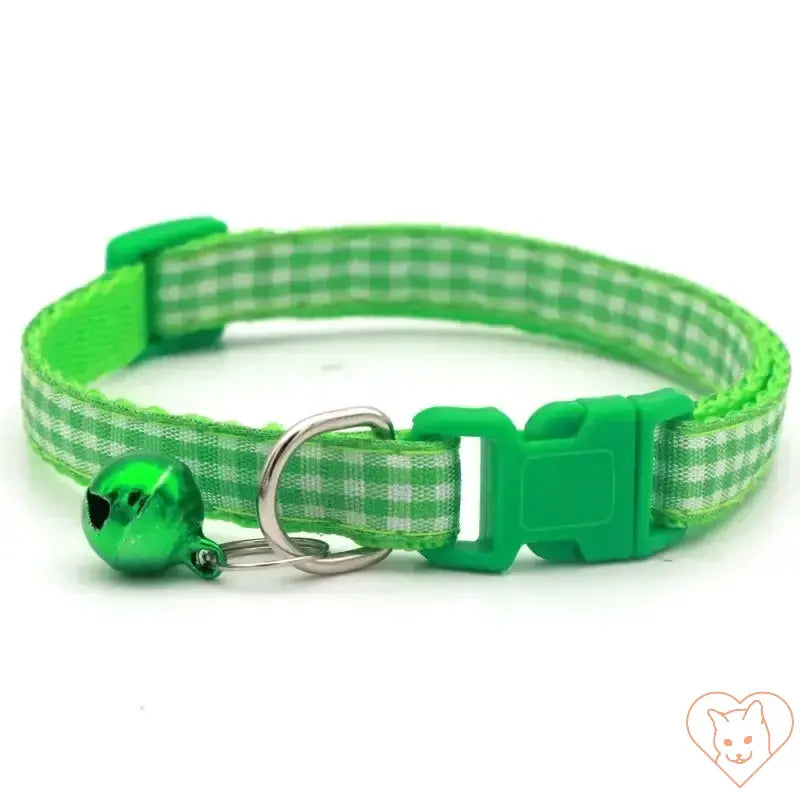 Adjustable green lattice cat collar with bell, featuring plaid design and secure buckle for comfort and style.