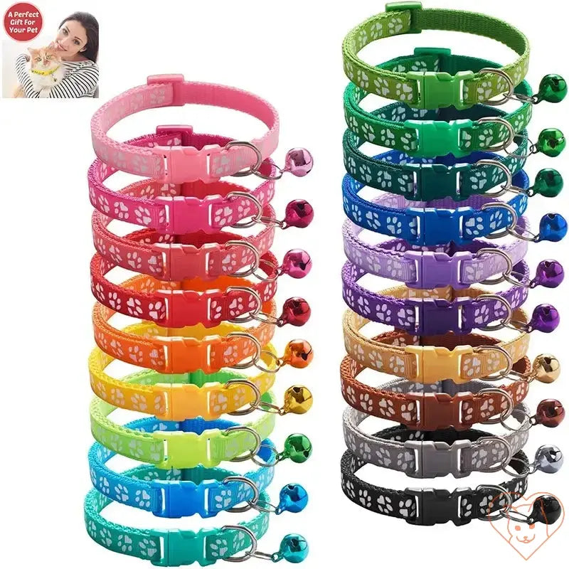 Colorful adjustable nylon pet collars with bells in various colors and paw print design for kittens and puppies.