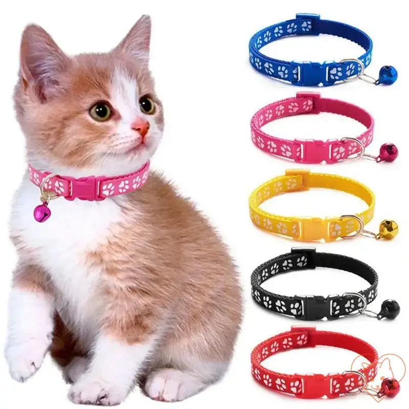 Adjustable nylon pet collars with bell in various colors, featuring a paw print design, ideal for pets like kittens and puppies.