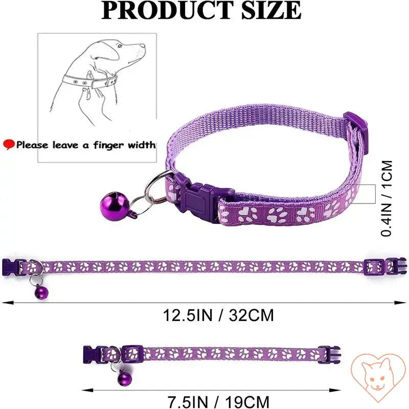 Adjustable purple nylon pet collar with bell, featuring a colorful paw print design for small animals.