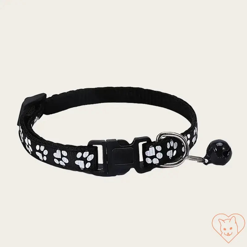 Adjustable nylon pet collar with bell, featuring a stylish black design and white paw prints, perfect for small pets.