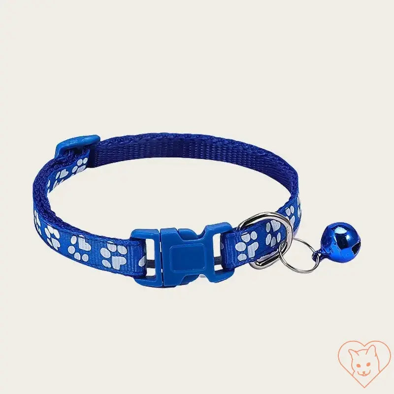 Adjustable nylon pet collar with paw print design and blue bell for small animals.