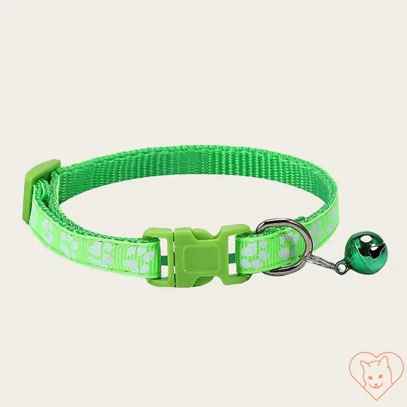 Adjustable green nylon pet collar with bell, featuring a colorful paw print design for small animals.