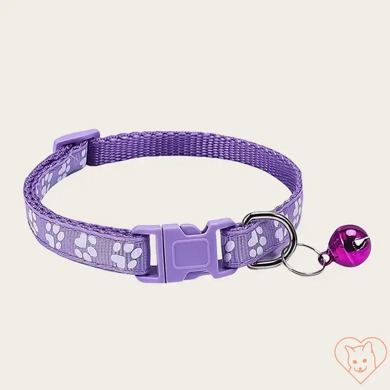 Adjustable purple nylon pet collar with bell, featuring a cute paw print design, perfect for small pets.