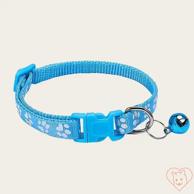 Adjustable blue nylon pet collar with white paw print design and bell, perfect for kittens and puppies.