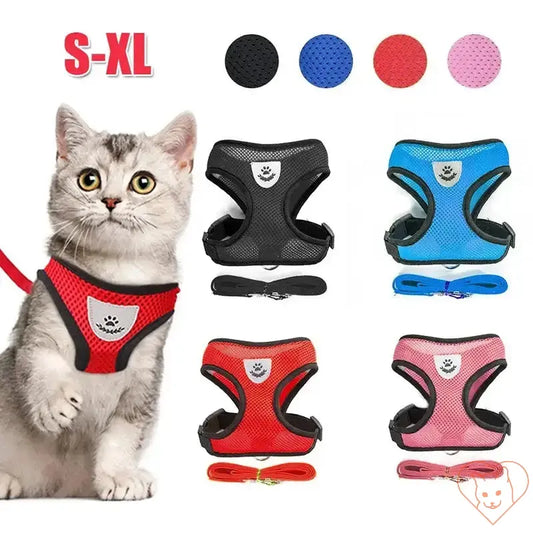 Adjustable reflective cat harnesses in various colors with matching leashes, designed for comfort and safety.