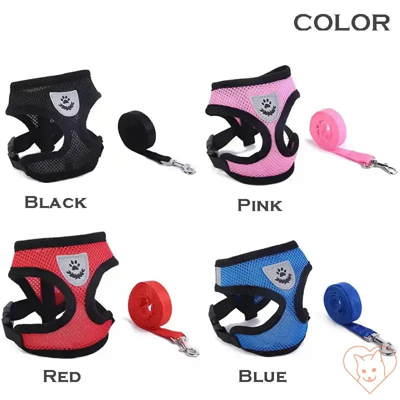 Adjustable reflective cat harness in black, pink, red, and blue colors with matching leashes.
